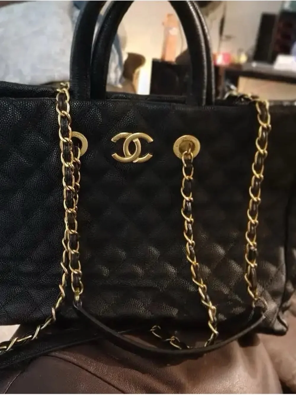 CHANEL Black Quilted Leather Double-Handle Tote with Gold CC Hardware